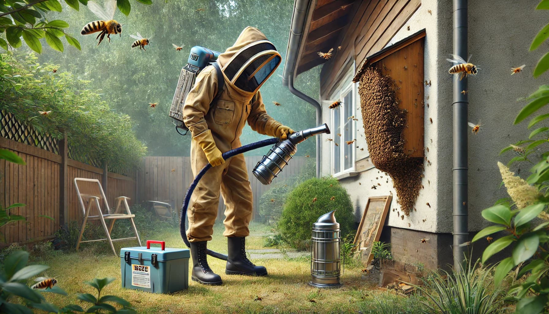 Pest control technician removing a bee hive from a house exterior using a specialized bee vacuum.